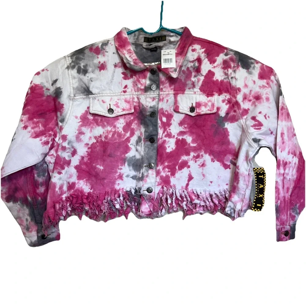 TAXI Cropped Jacket Pink Women's‎ 2X Tie Dye Retro Denim Distressed Tassle Art